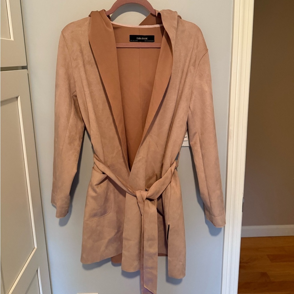 Zara Basic faux suede raw edge hooded open front belted lightweight coat